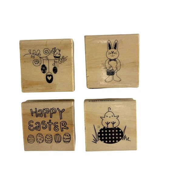 NWT Easter Rubber Stamp Set Bunny Egg Chick Happy Wood Craft smart - Picture 1 of 3